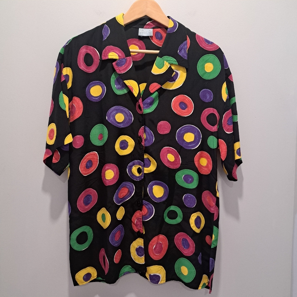 Vintage 80s 90s Colorful Polka Dot Short Sleeved Button Down Blouse Womens XL